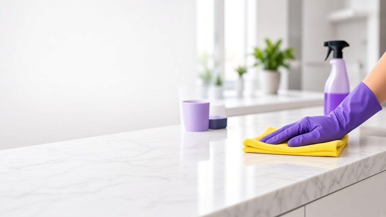 Main gantée de violet nettoyant un plan de travail avec une microfibre jaune